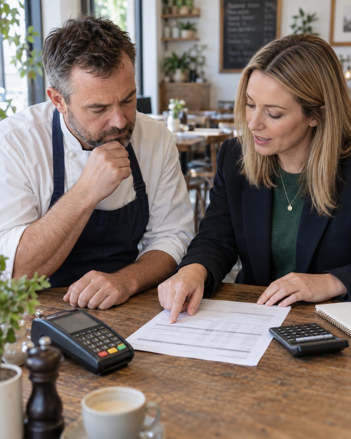 A UK business owner reviewing card payment costs with a payment specialist